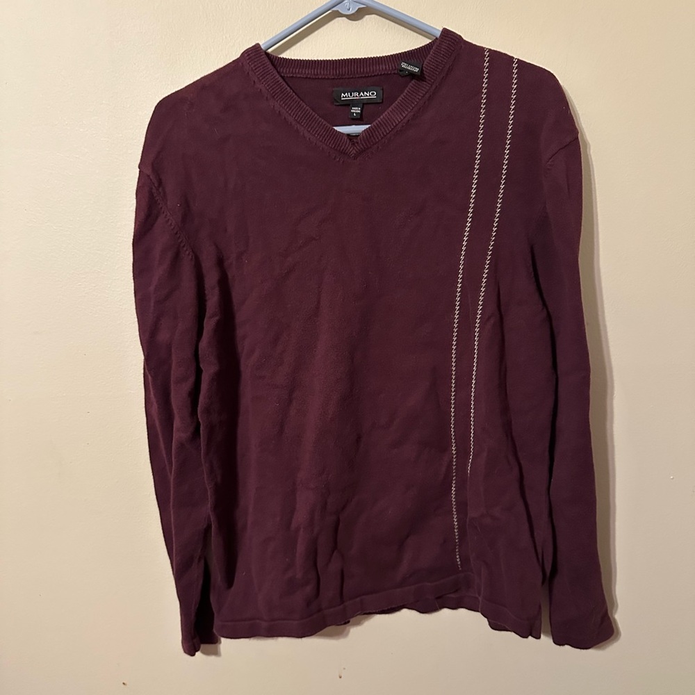 Murano Deep Red V-Neck Sweater with Stitch Accent, size Large, 100% Cotton